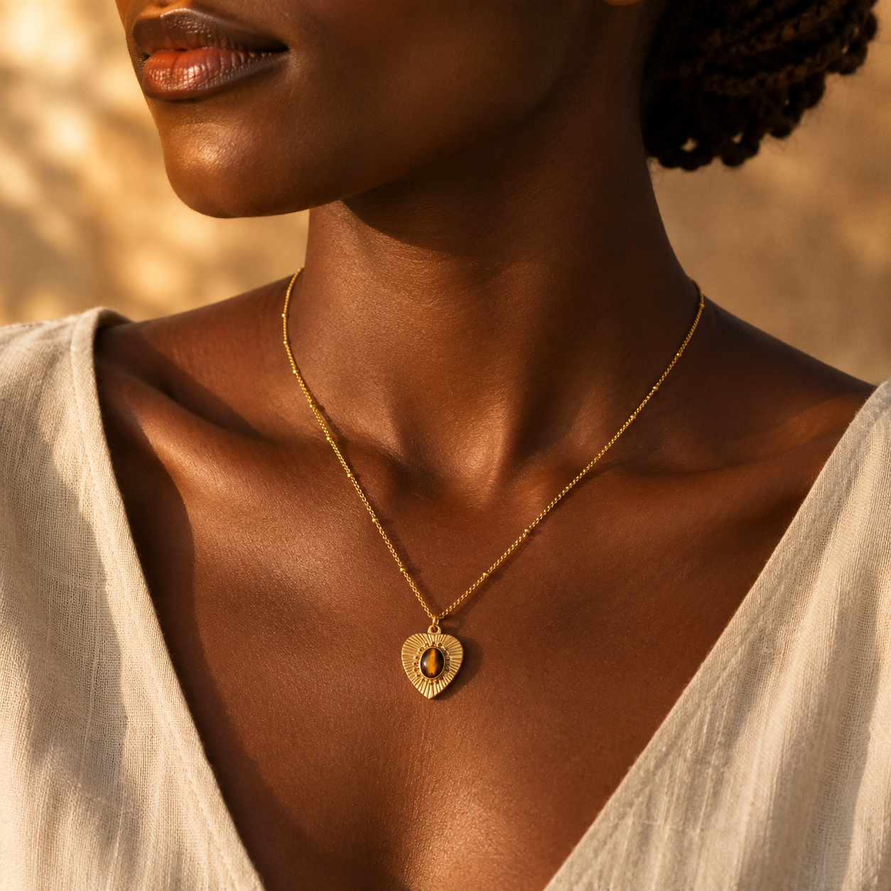 Pendentif Cœur en Œil de Tigre - Force Dorée