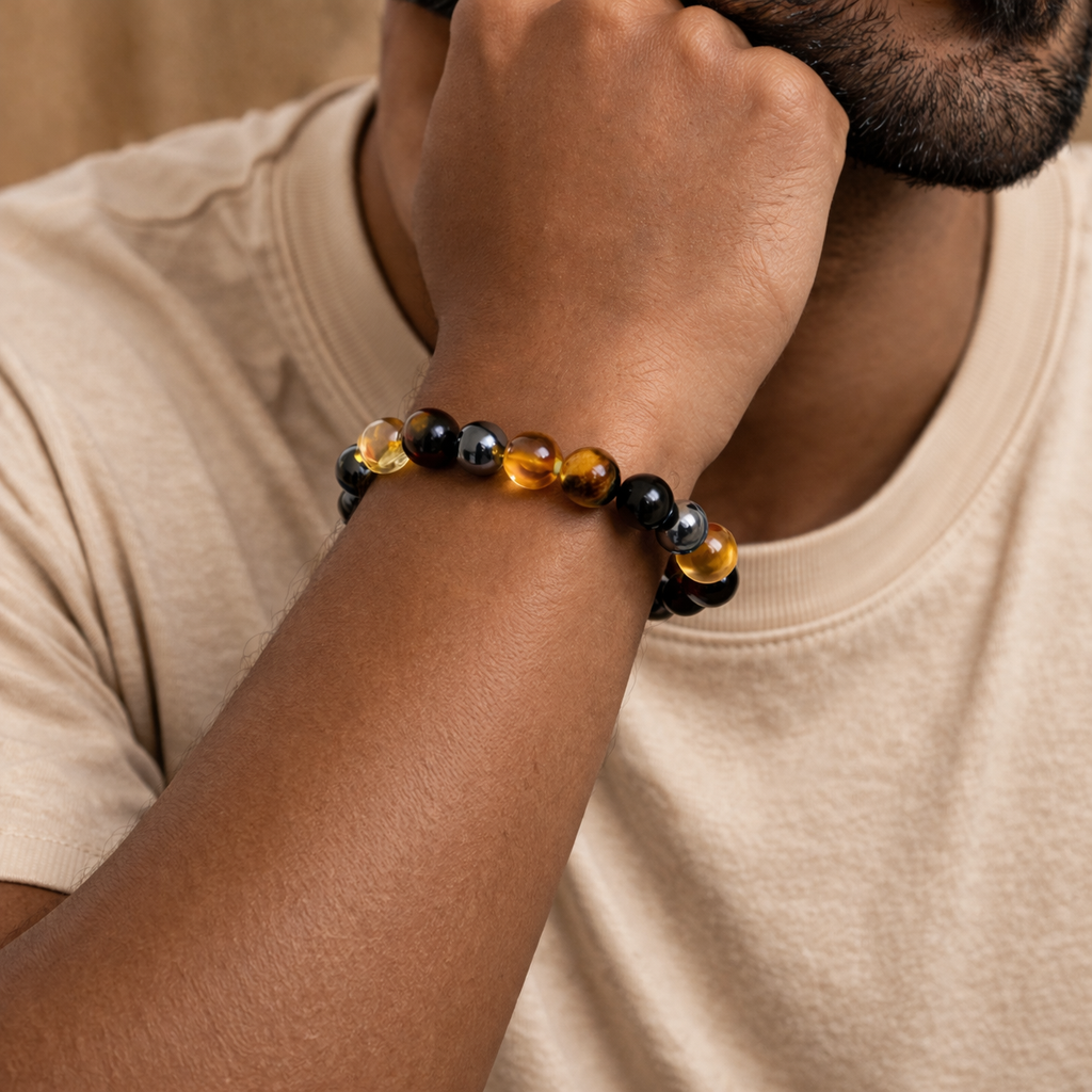 Bracelet en Citrine, Oeil de Tigre & Tourmaline Noire - Intensité Retrouvée