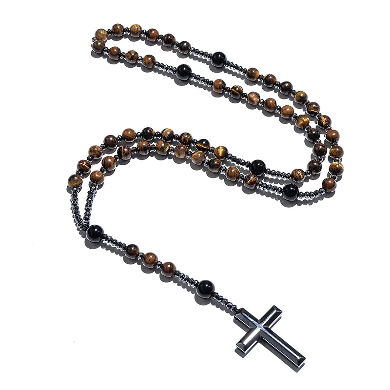 Collier Chapelet "Bénédiction" en Oeil de Tigre & Hématite