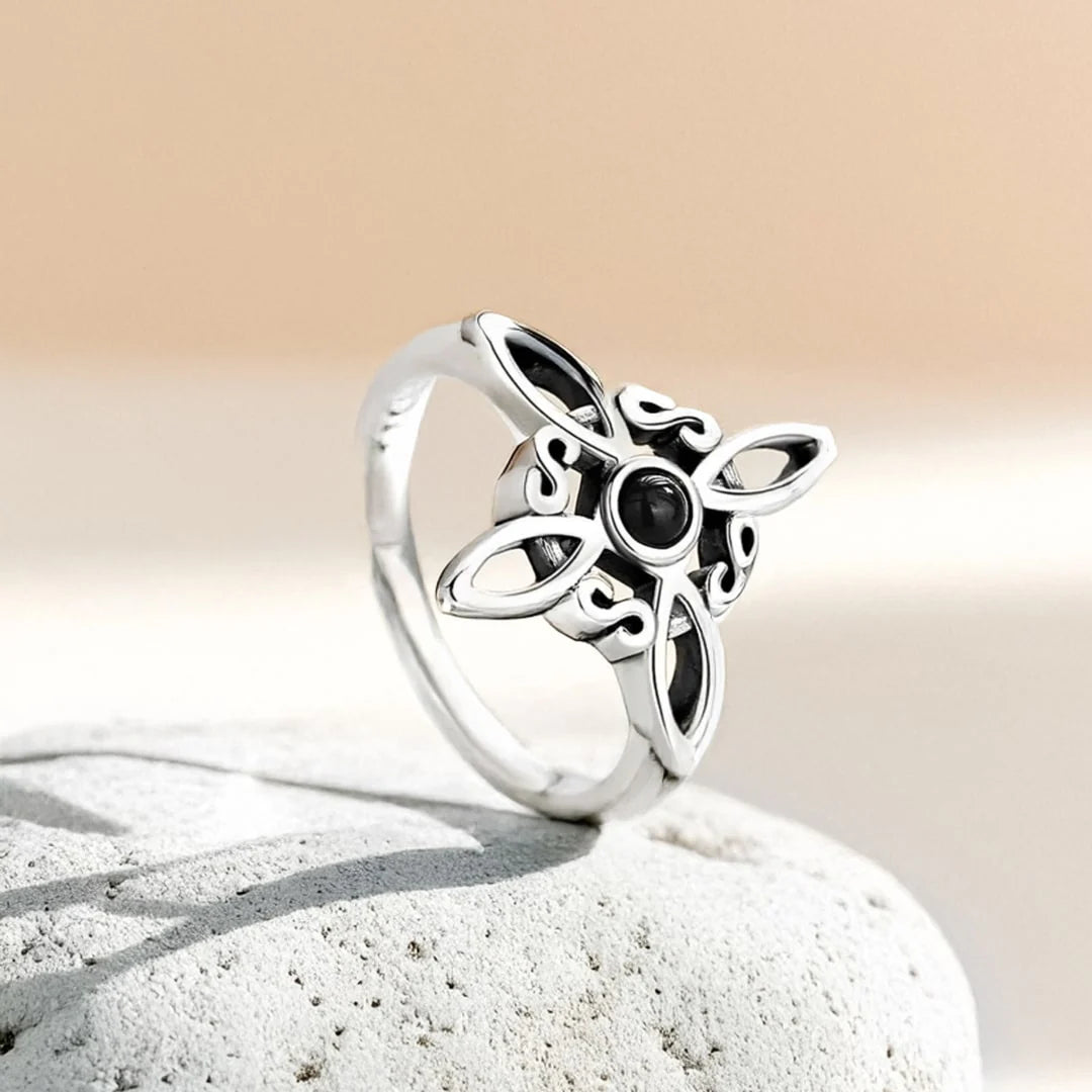 Bague Ajustable "Noeud Sacré" en Obsidienne & Argent