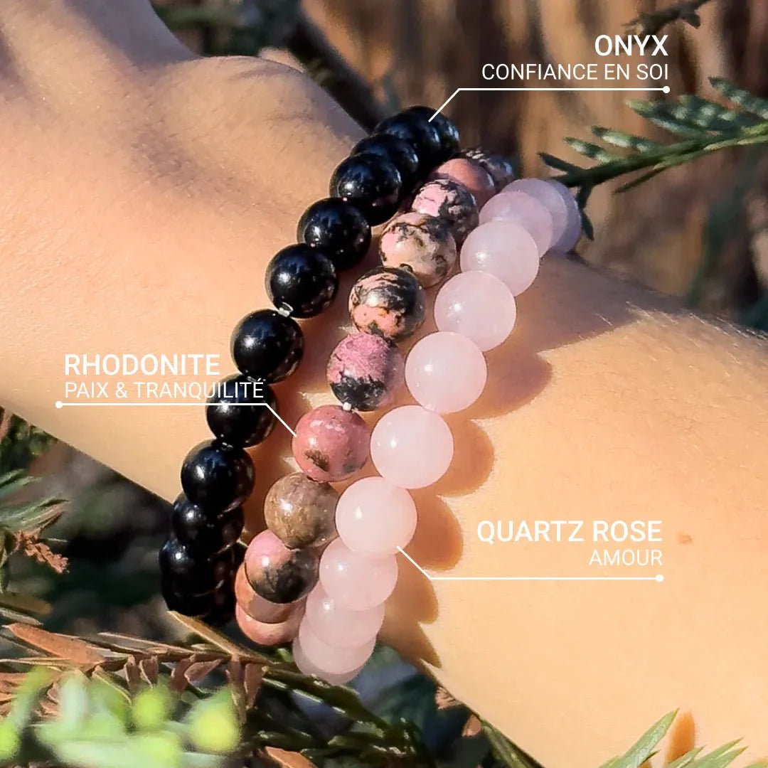 Bracelets en Onyx, Quartz Rose & Rhodonite - Balance & Sérénité