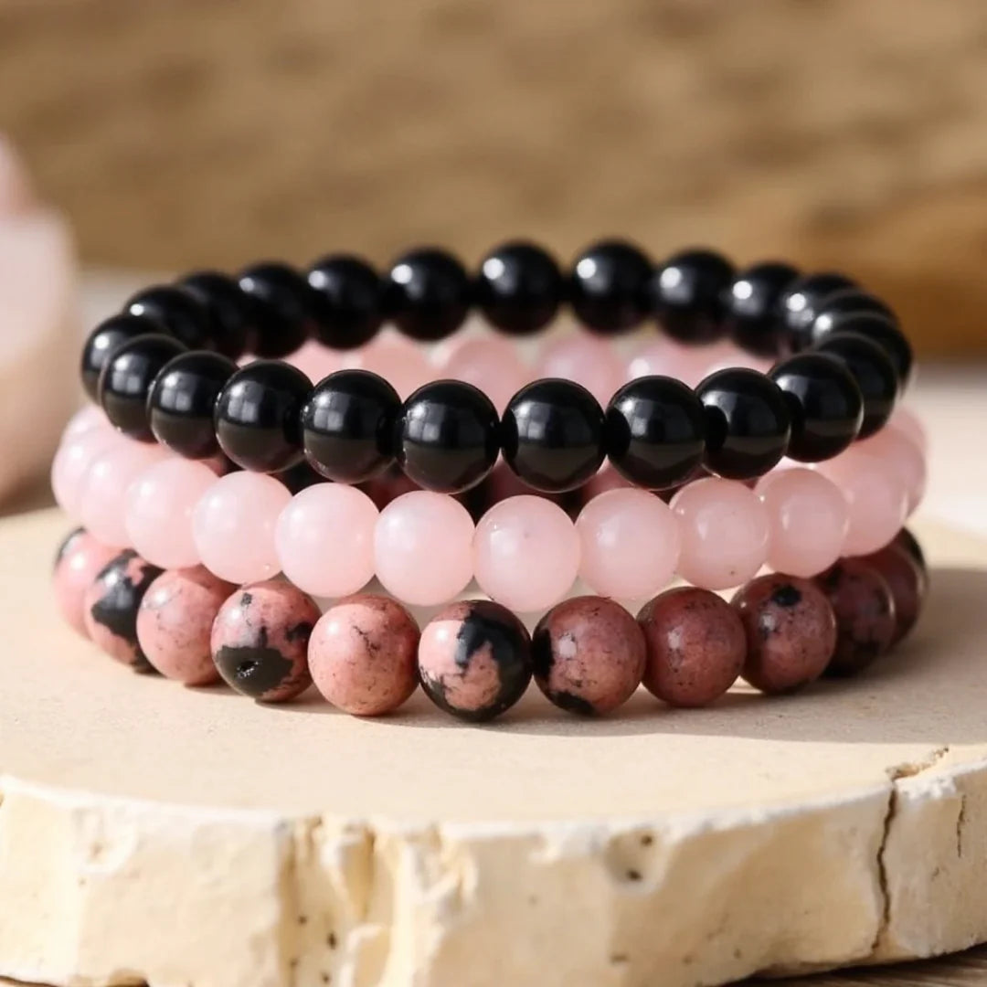 Bracelets en Onyx, Quartz Rose & Rhodonite - Balance & Sérénité