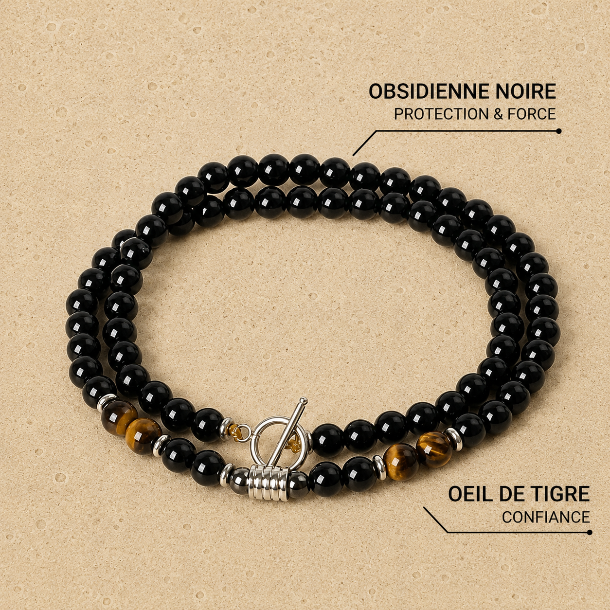 Collier en Oeil de Tigre & Obsidienne Noire - Ligne de Force