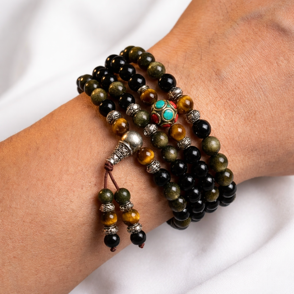 Bracelet Mala en Obsidienne Noire & Dorée - Bouddhiste