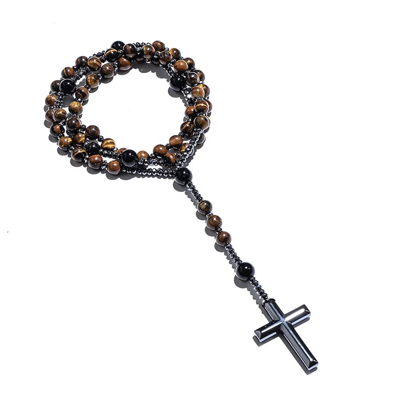 Collier Chapelet "Bénédiction" en Oeil de Tigre & Hématite