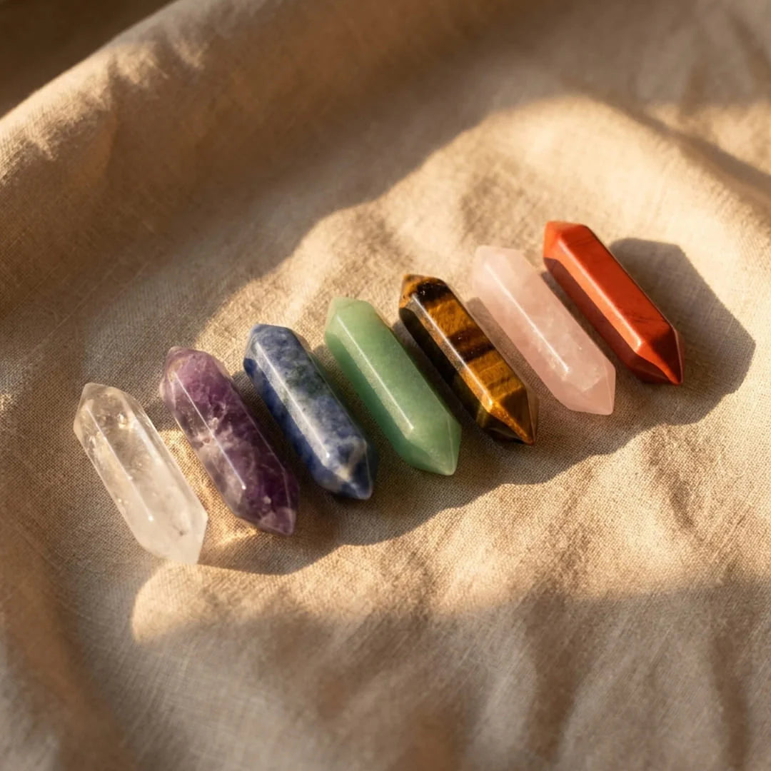 Coffret Reiki Bien Etre - Lot de 7 Pierres Naturelles & 7 Doubles Pointes