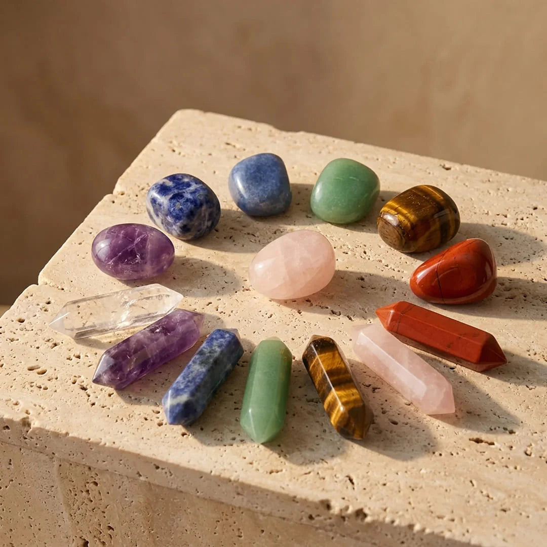Coffret Reiki Bien Etre - Lot de 7 Pierres Naturelles & 7 Doubles Pointes