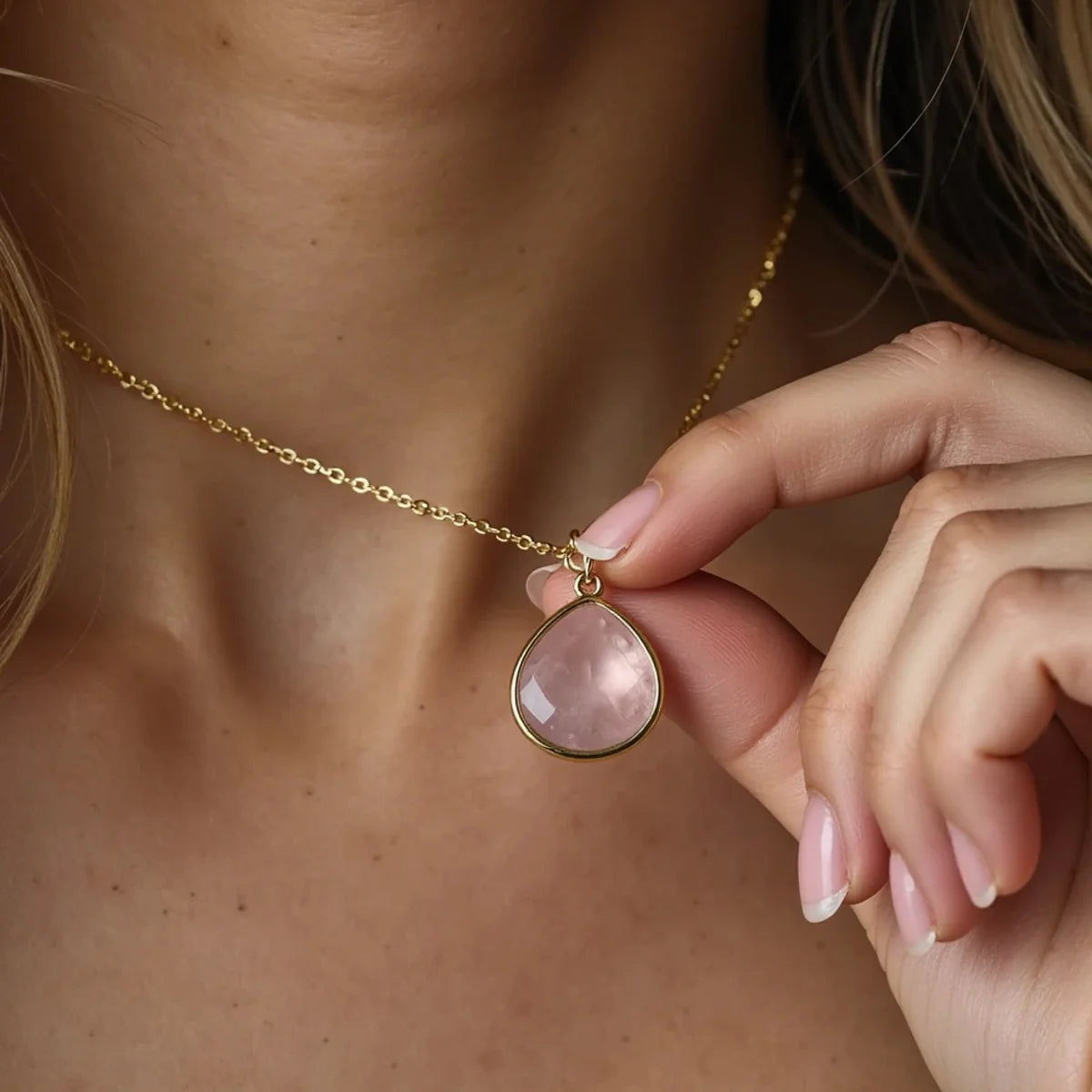 Collier Pendentif en Quartz Rose - Goutte de Douceur