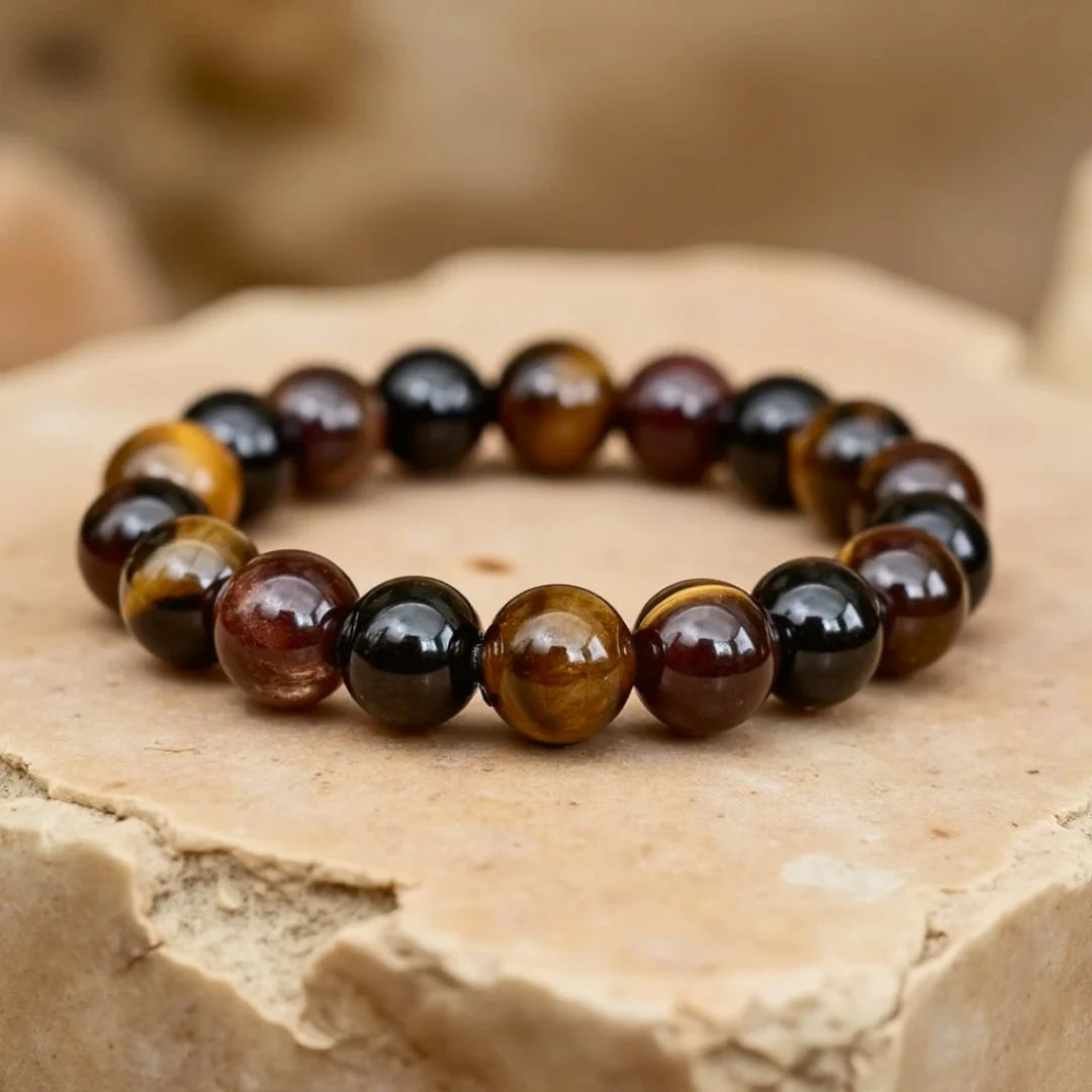 Bracelet "Accomplissement" en Tourmaline, Grenat, Quartz Fumé & Oeil de Tigre