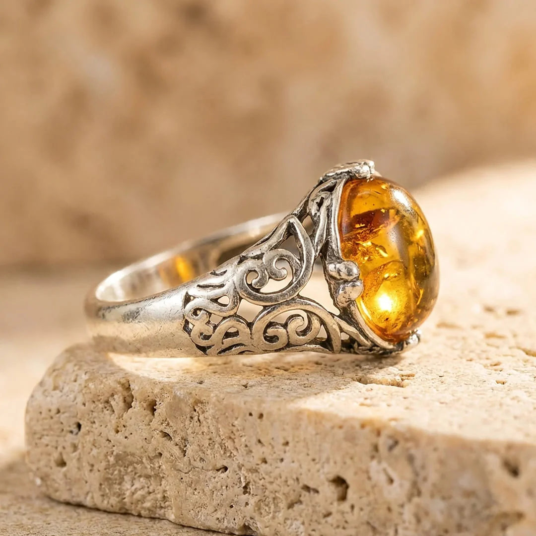 Bague Ajustable en Ambre & Argent - Soléa