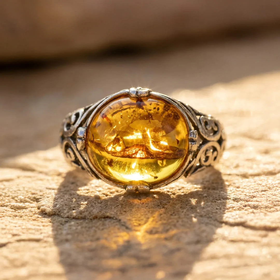 Bague Ajustable en Ambre & Argent - Soléa