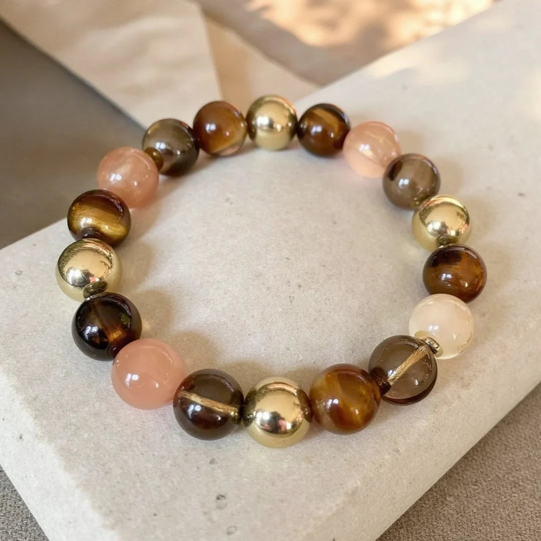 Bracelet "Solaris" en Quartz Rutile Doré, Pyrite, Oeil de Tigre, Pierre de Soleil, Quartz Fumé