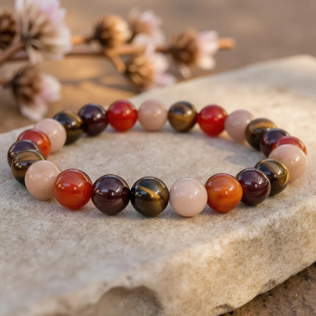 Bracelet "Éclat de Chance" en Oeil de Tigre, Pierre de Soleil, Grenat & Cornaline