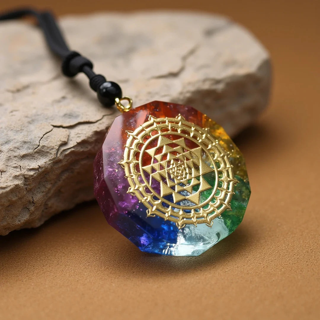Pendentif Orgonite en Pierres Naturelles - Sri Yantra & 7 Chakras
