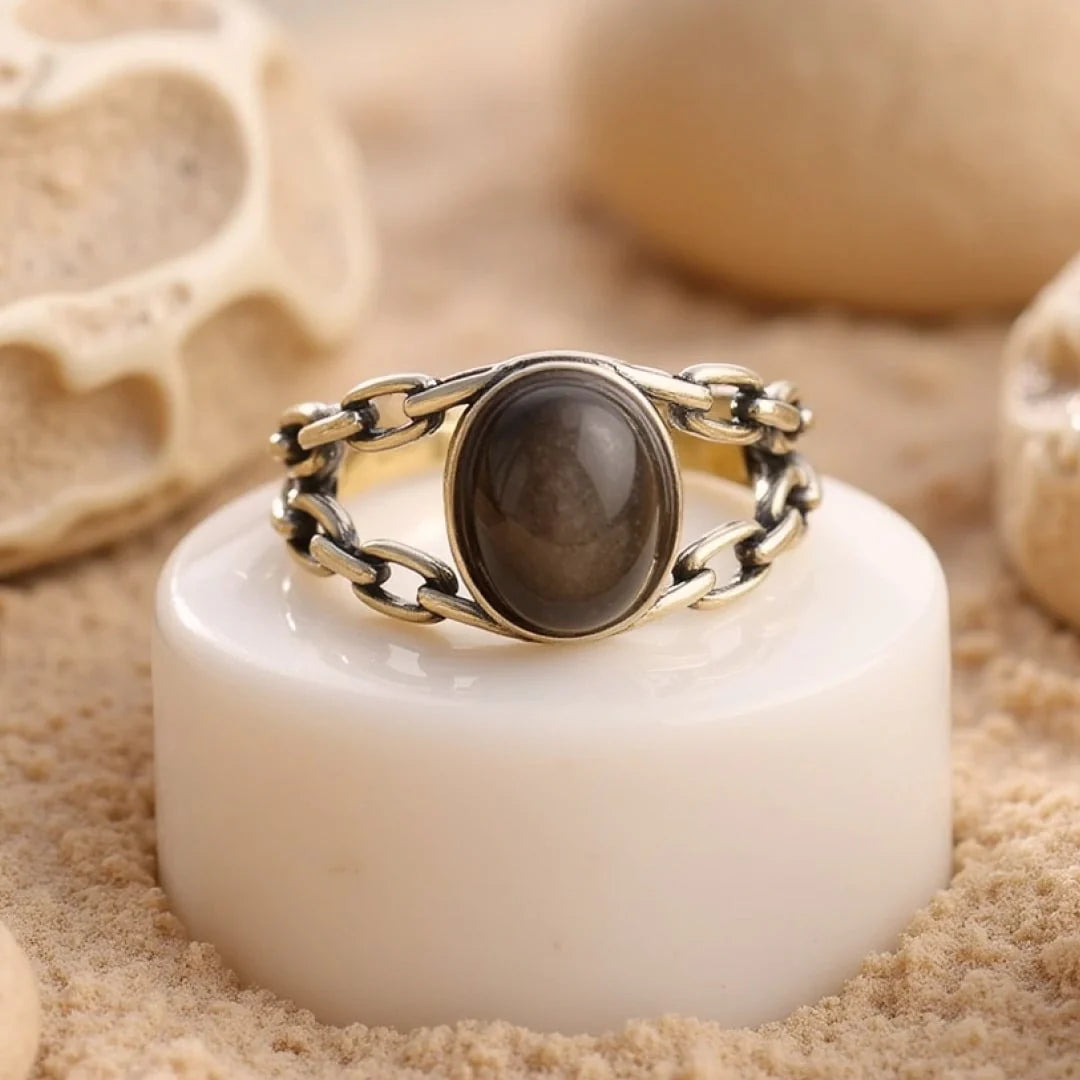 Bague Ajustable "Syriana" en Obsidienne Dorée