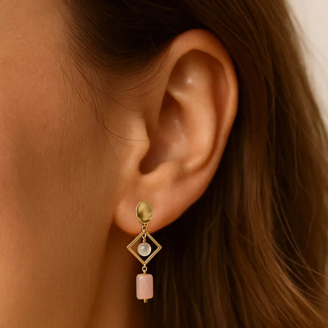 Boucles d’Oreilles en Quartz Rose & Pierre de Lune - Elegancia