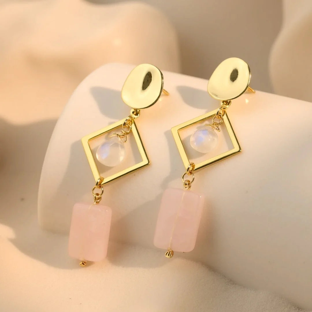 Boucles d’Oreilles en Quartz Rose & Pierre de Lune - Elegancia