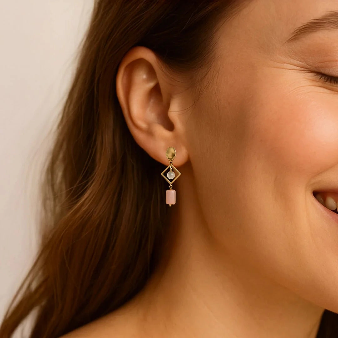 Boucles d’Oreilles en Quartz Rose & Pierre de Lune - Elegancia