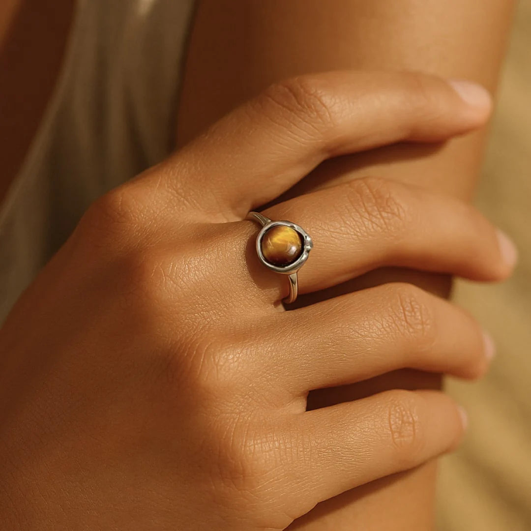 Bague Ajustable en Oeil de Tigre & Argent - Shakti