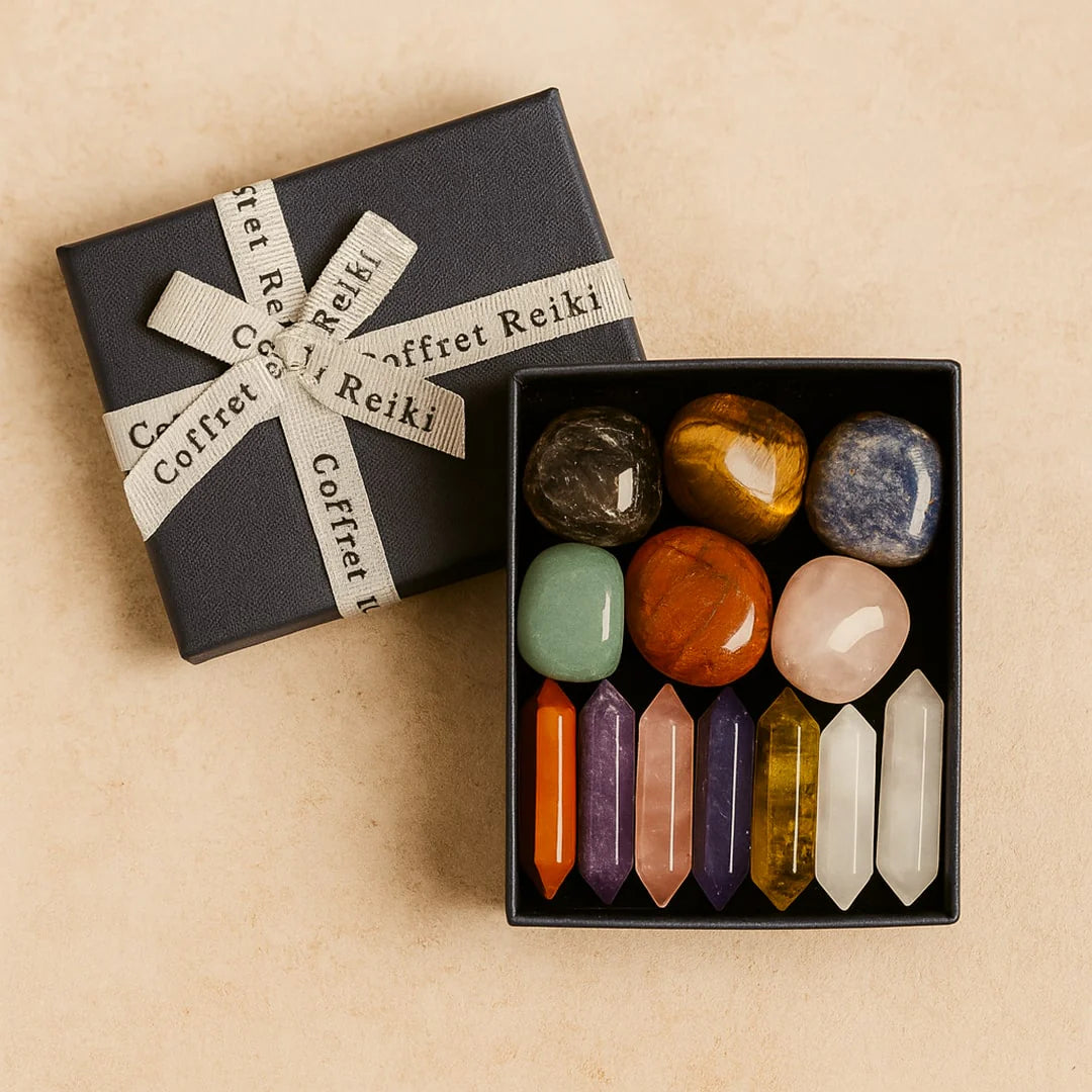 Coffret Reiki Bien Etre - Lot de 7 Pierres Naturelles & 7 Doubles Pointes