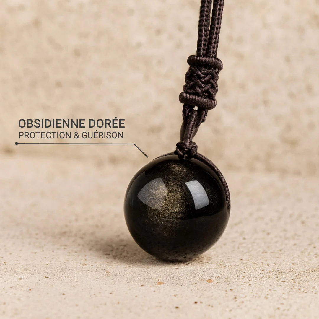 Collier Pendentif "Perle de Lumière" en Obsidienne Dorée