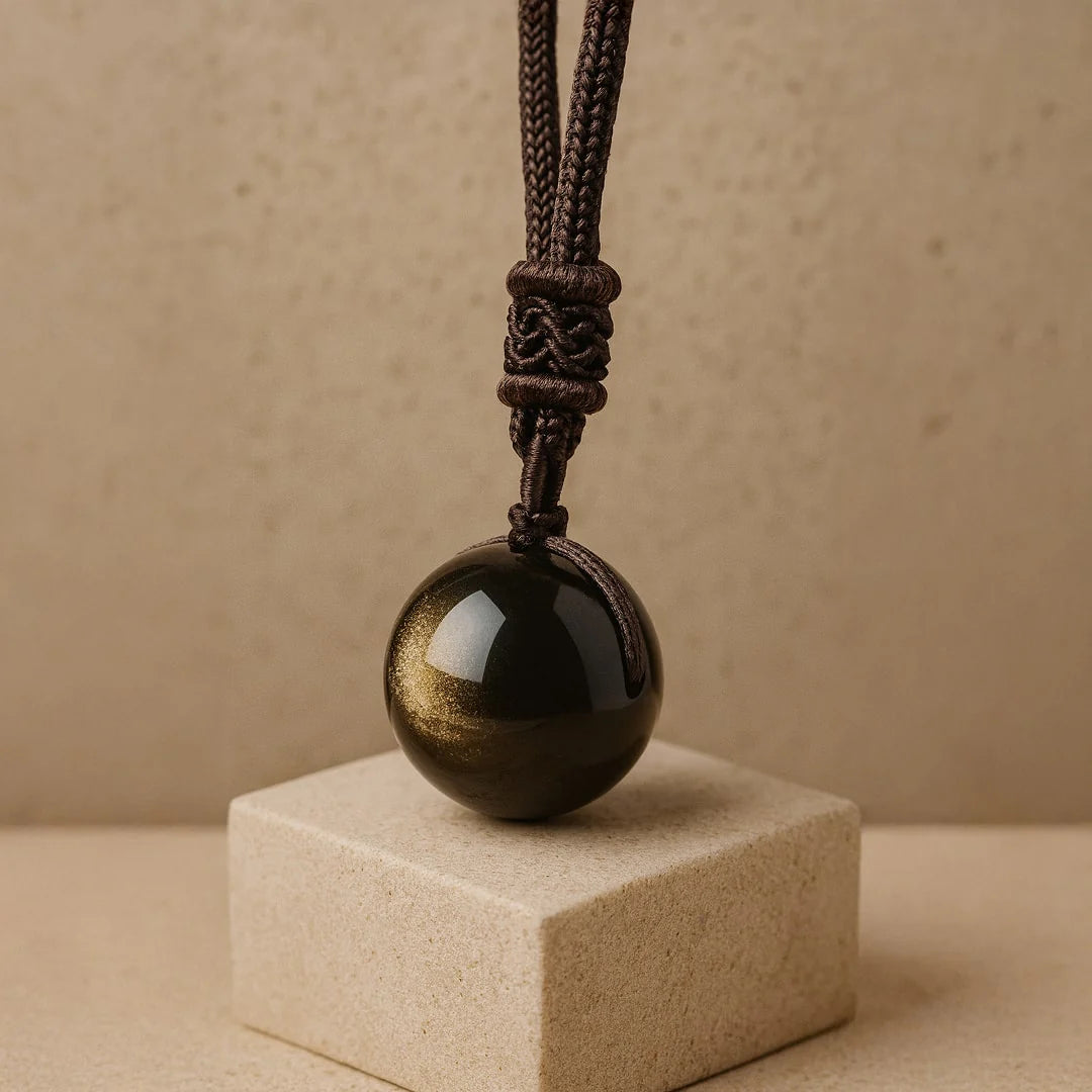 Collier Pendentif "Perle de Lumière" en Obsidienne Dorée