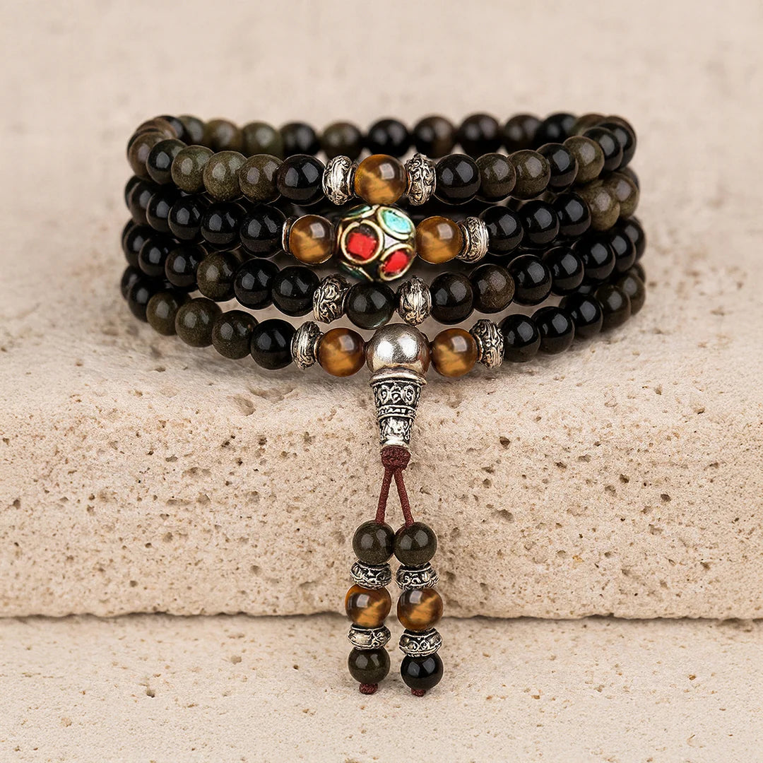 Bracelet Mala en Obsidienne Noire & Dorée - Bouddhiste