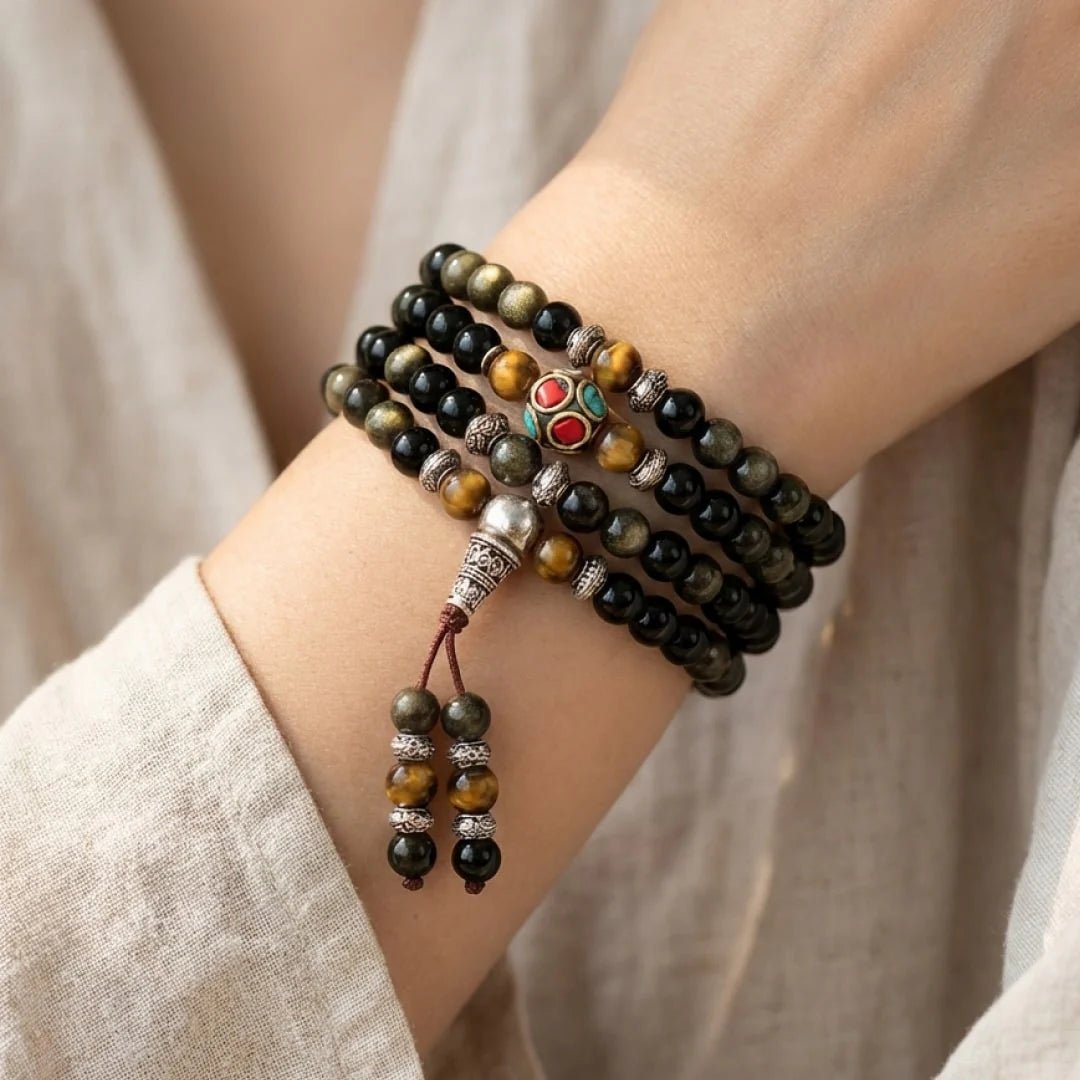 Bracelet Mala en Obsidienne Noire & Dorée - Bouddhiste