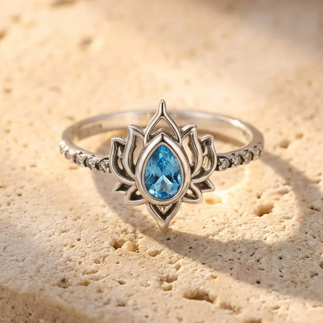 Bague en Argent & Zircon Bleu - Fleur de Lotus