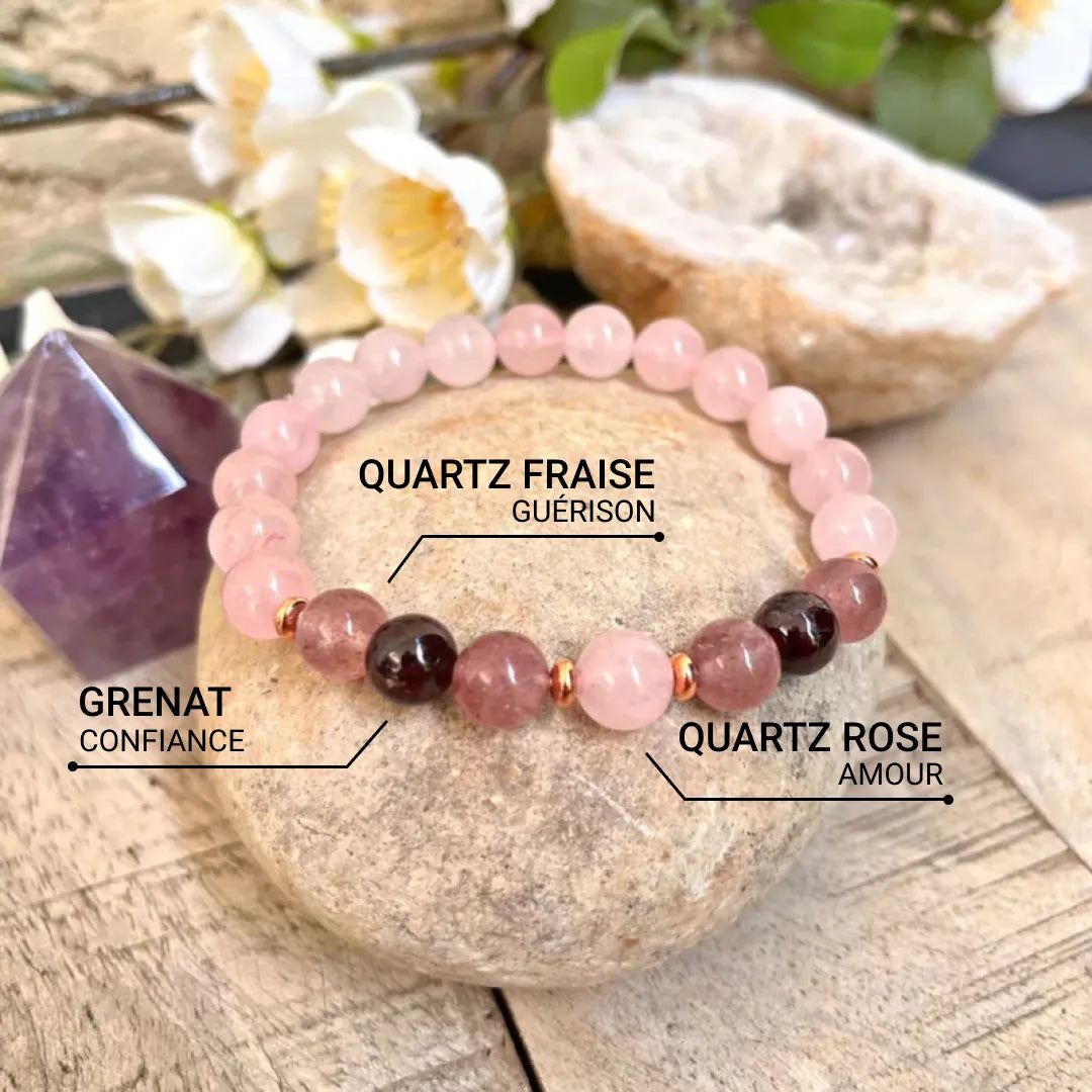 Bracelet "Promesse d'Amour" en Quartz Rose, Grenat & Quartz Fraise