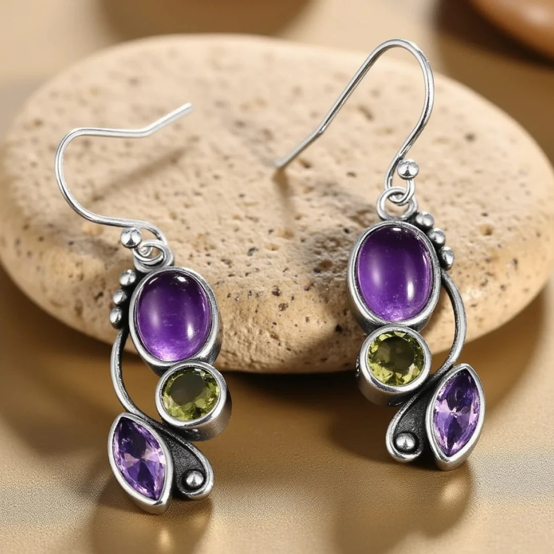 Boucles d'Oreilles "Écho de la Source" en Améthyste & Péridot