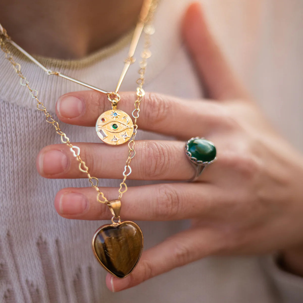 Collier Double en Oeil de Tigre "Gardien du Coeur"