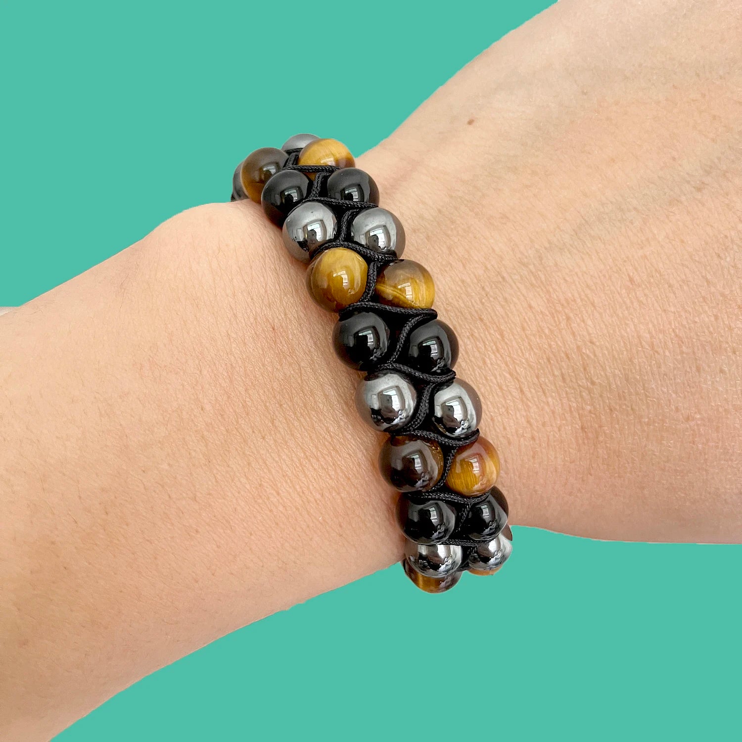 Bracelet "Bouclier Tellurique" en Obsidienne, Hématite & Oeil de Tigre