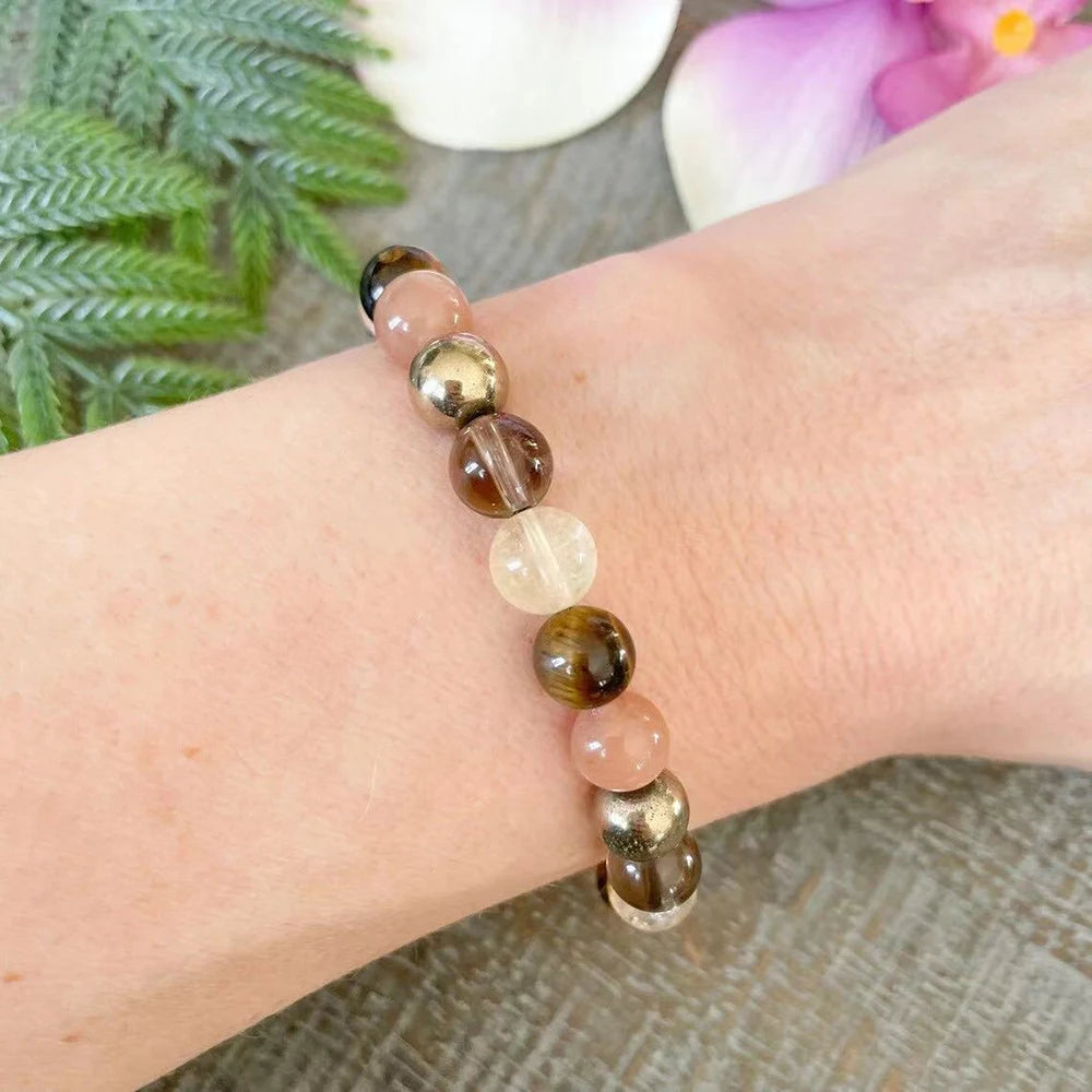 Bracelet "Solaris" en Quartz Rutile Doré, Pyrite, Oeil de Tigre, Pierre de Soleil, Quartz Fumé