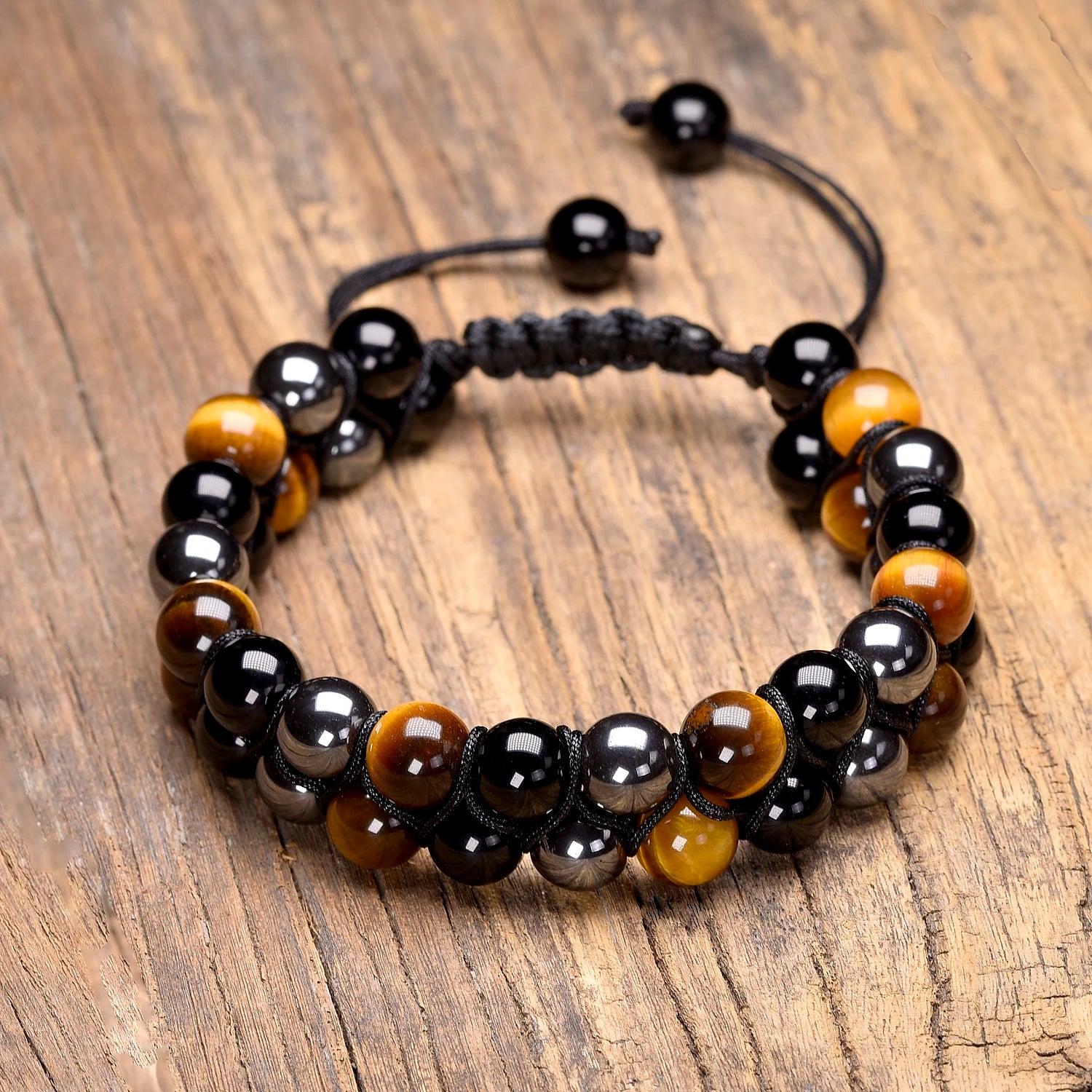 Bracelet "Bouclier Tellurique" en Obsidienne, Hématite & Oeil de Tigre
