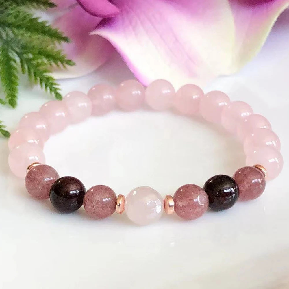 Bracelet "Promesse d'Amour" en Quartz Rose, Grenat & Quartz Fraise
