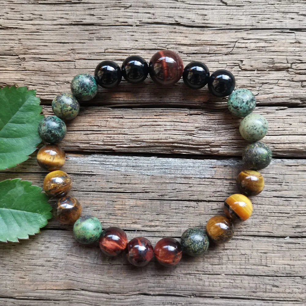 Bracelet "Bouclier d’Harmonie" en Oeil de Tigre, Oeil de Taureau & Turquoise Africaine
