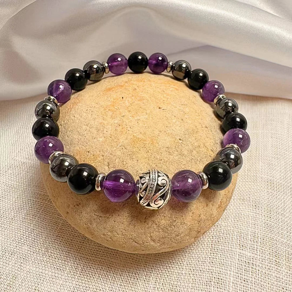 Bracelet en Améthyste, Obsidienne & Hématite - Bouclier Émotionnel