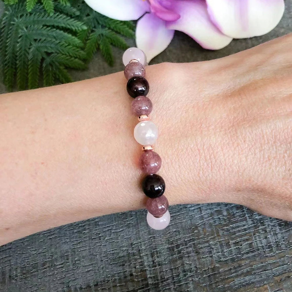 Bracelet "Promesse d'Amour" en Quartz Rose, Grenat & Quartz Fraise