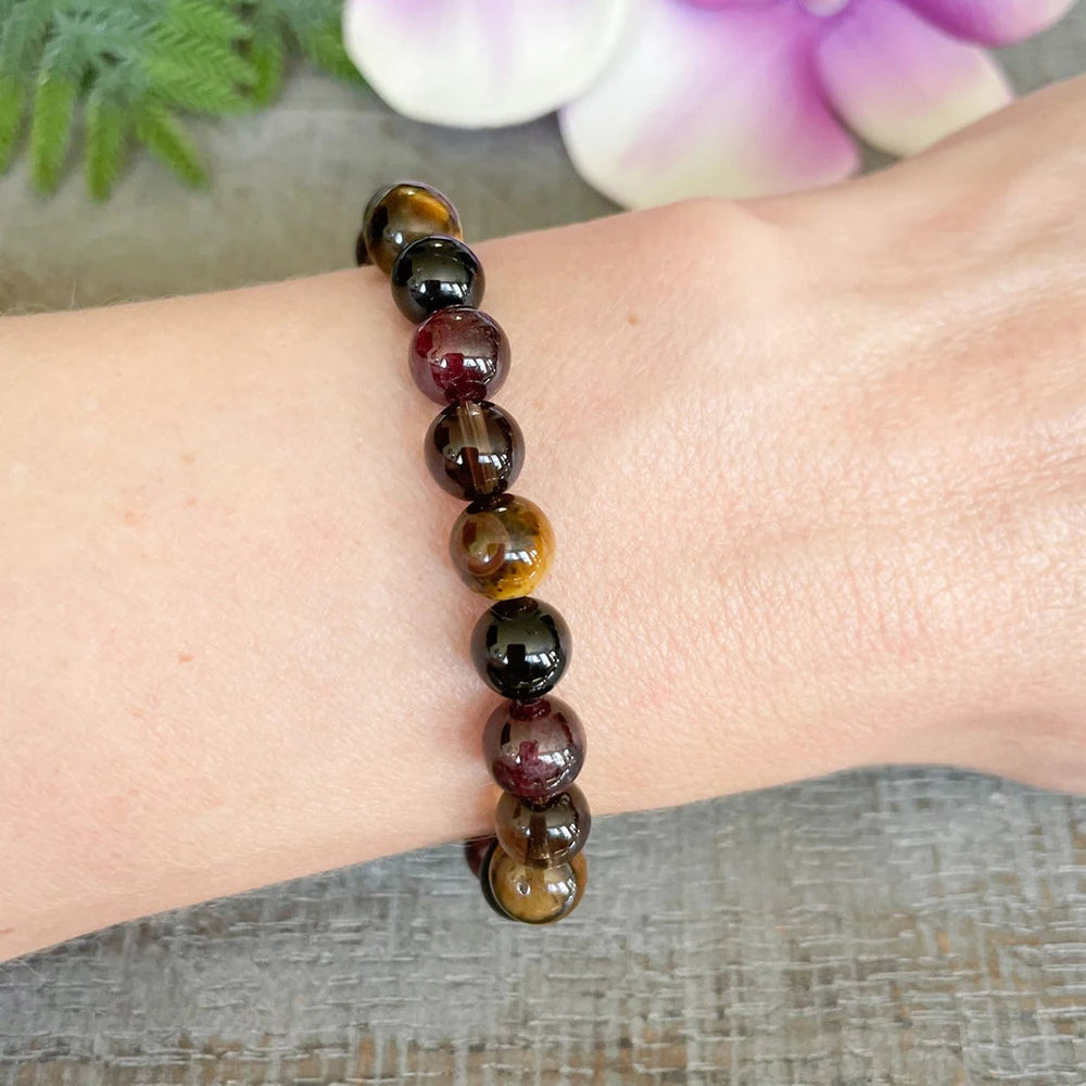 Bracelet "Accomplissement" en Tourmaline, Grenat, Quartz Fumé & Oeil de Tigre