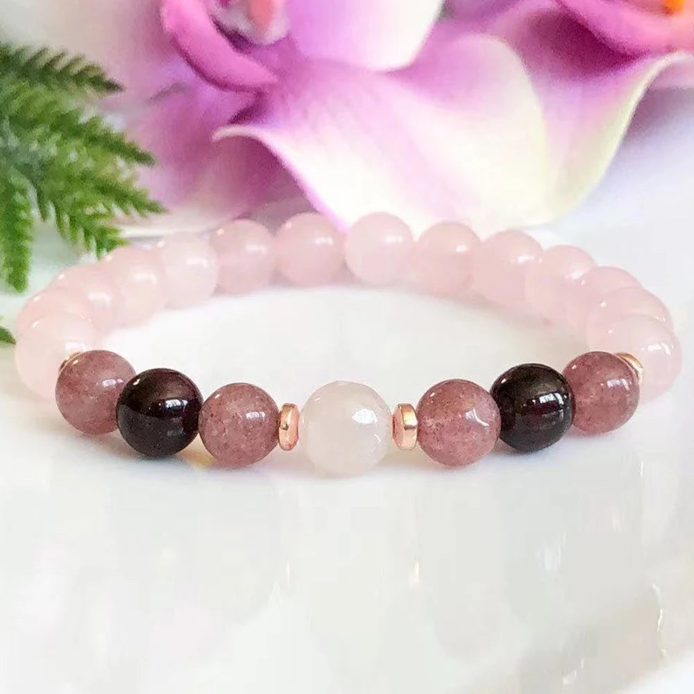 Bracelet "Promesse d'Amour" en Quartz Rose, Grenat & Quartz Fraise