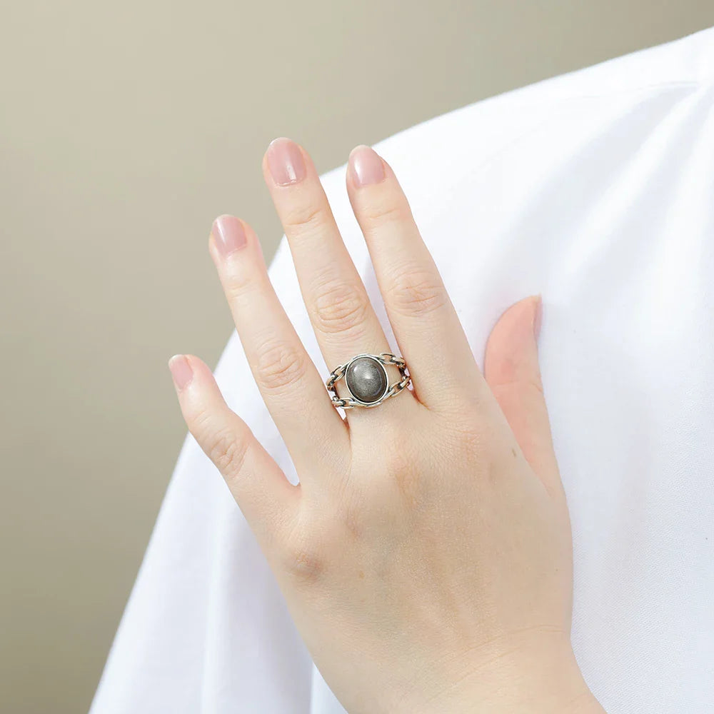Bague Ajustable "Syriana" en Obsidienne Dorée