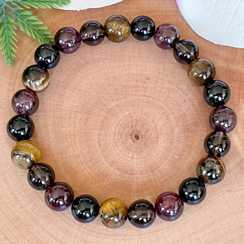 Bracelet "Accomplissement" en Tourmaline, Grenat, Quartz Fumé & Oeil de Tigre