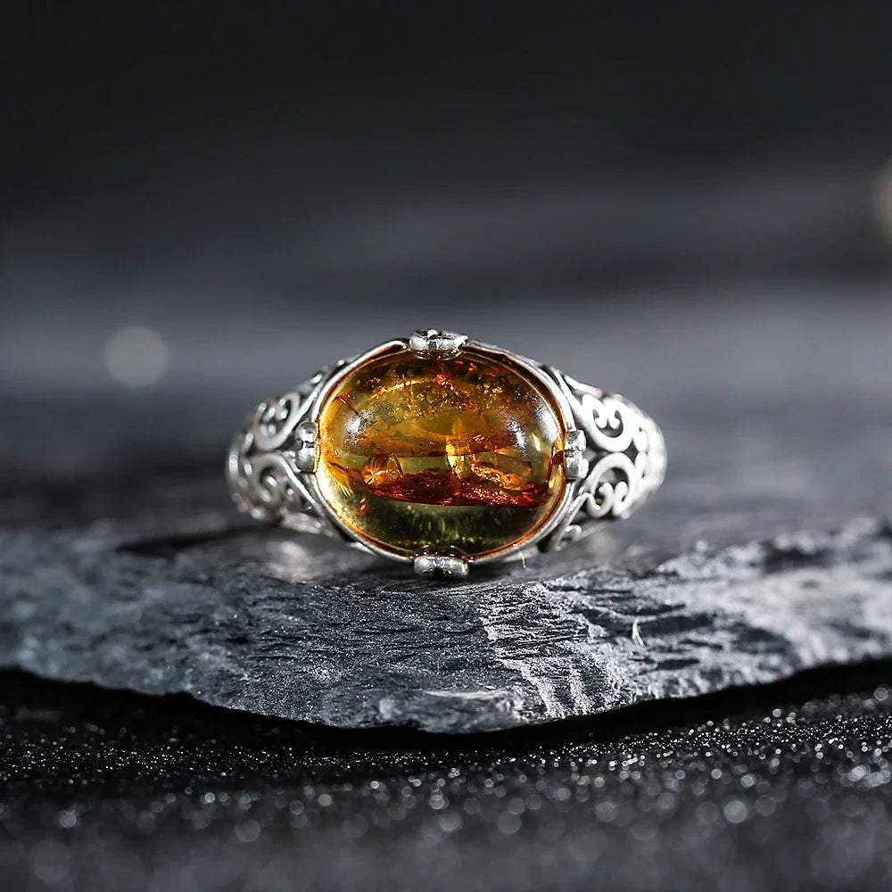 Bague Ajustable "Soléa" en Ambre & Argent