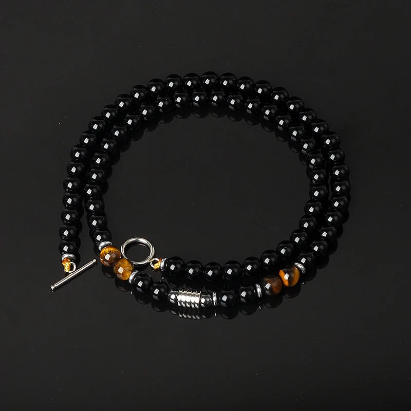 Collier "Ligne de Force" en Oeil de Tigre & Obsidienne Noire
