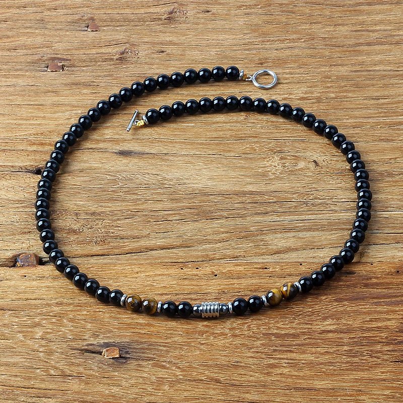 Collier "Ligne de Force" en Oeil de Tigre & Obsidienne Noire