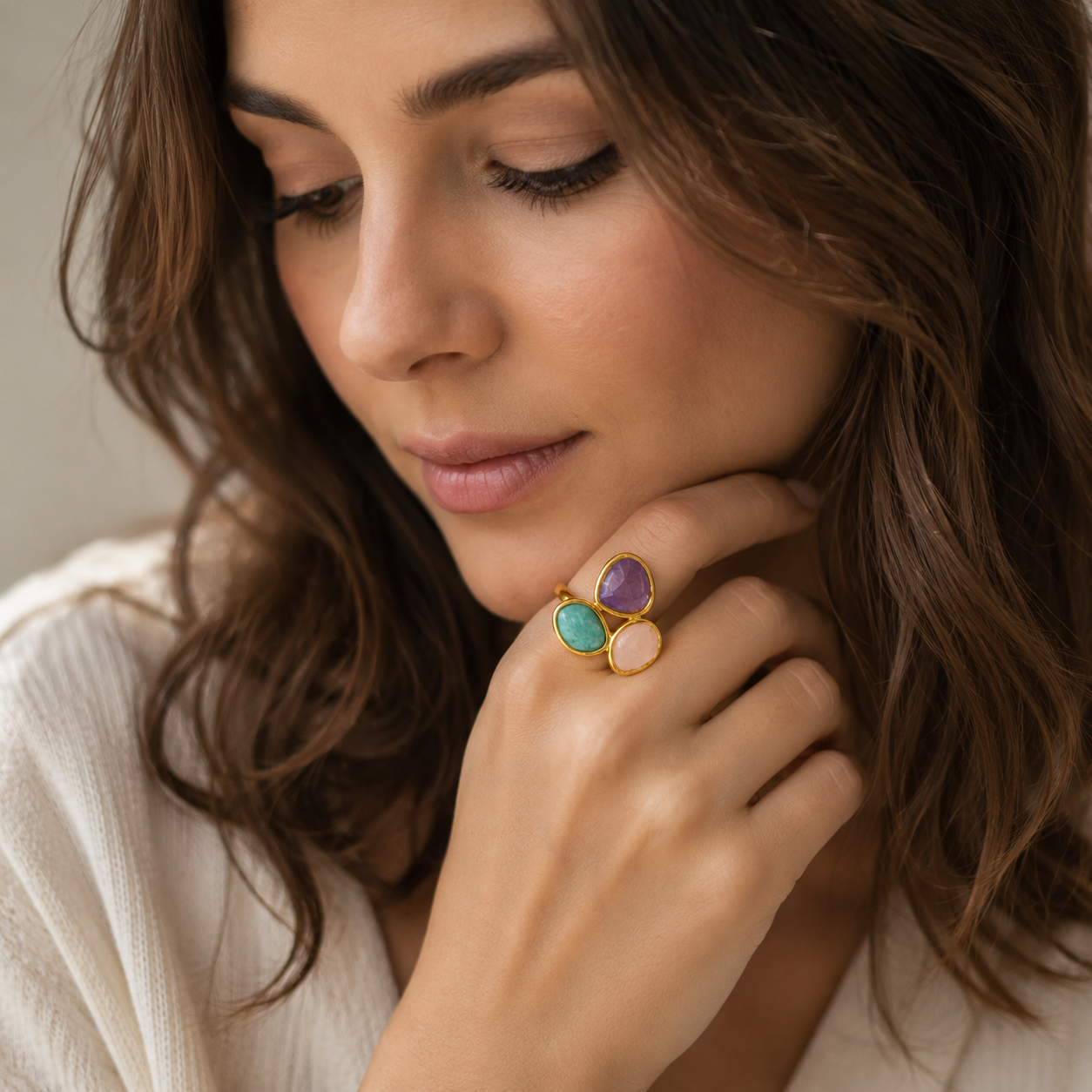 Bague en Amazonite, Quartz Rose & Améthyste - Apaisement Minéral