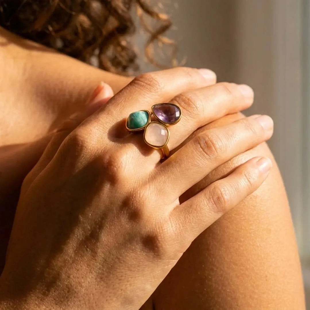 Bague en Amazonite, Quartz Rose & Améthyste - Apaisement Minéral