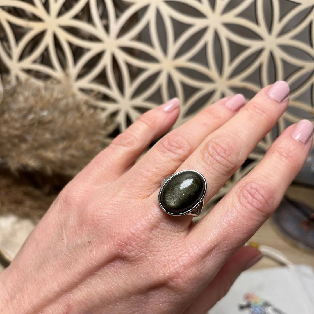 Bague Ajustable en Obsidienne Dorée - Halo d'Ebène