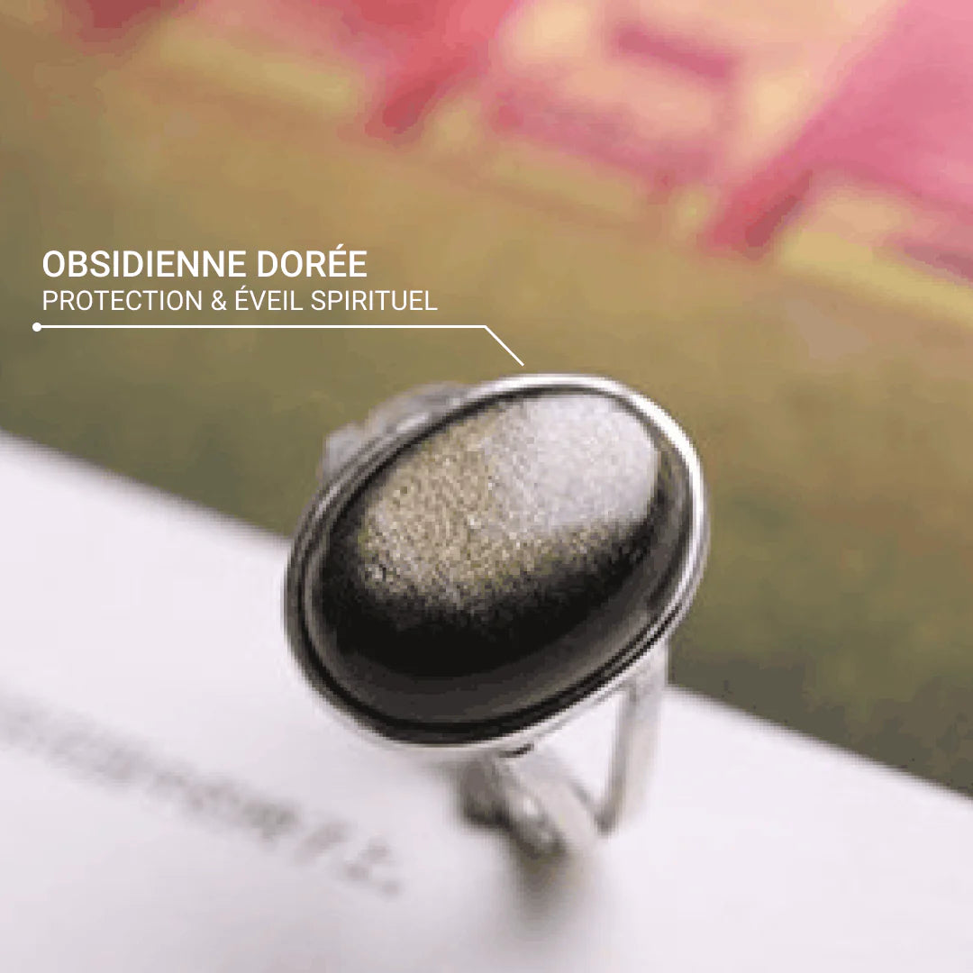 Bague Ajustable en Obsidienne Dorée - Halo d'Ebène